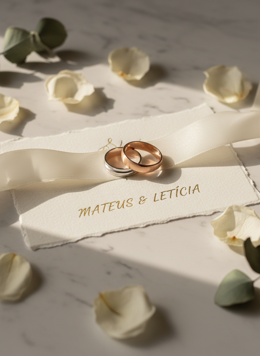An elegant pair of intertwined wedding rings resting on a folded ivory silk ribbon, placed atop a textured handmade paper invitation embossed with the names “Mateus & Letícia” in delicate gold foil. The scene is arranged on a pale marble surface with scattered dried white rose petals and a subtle hint of eucalyptus leaves at the edges. Soft, diffused natural window light from the left creates gentle highlights on the polished metal and casts refined shadows. Photographic realism with a shallow depth of field keeps the rings and names in crisp focus while the background melts into creamy bokeh, conveying a sophisticated, romantic atmosphere suitable for a luxury wedding website.
