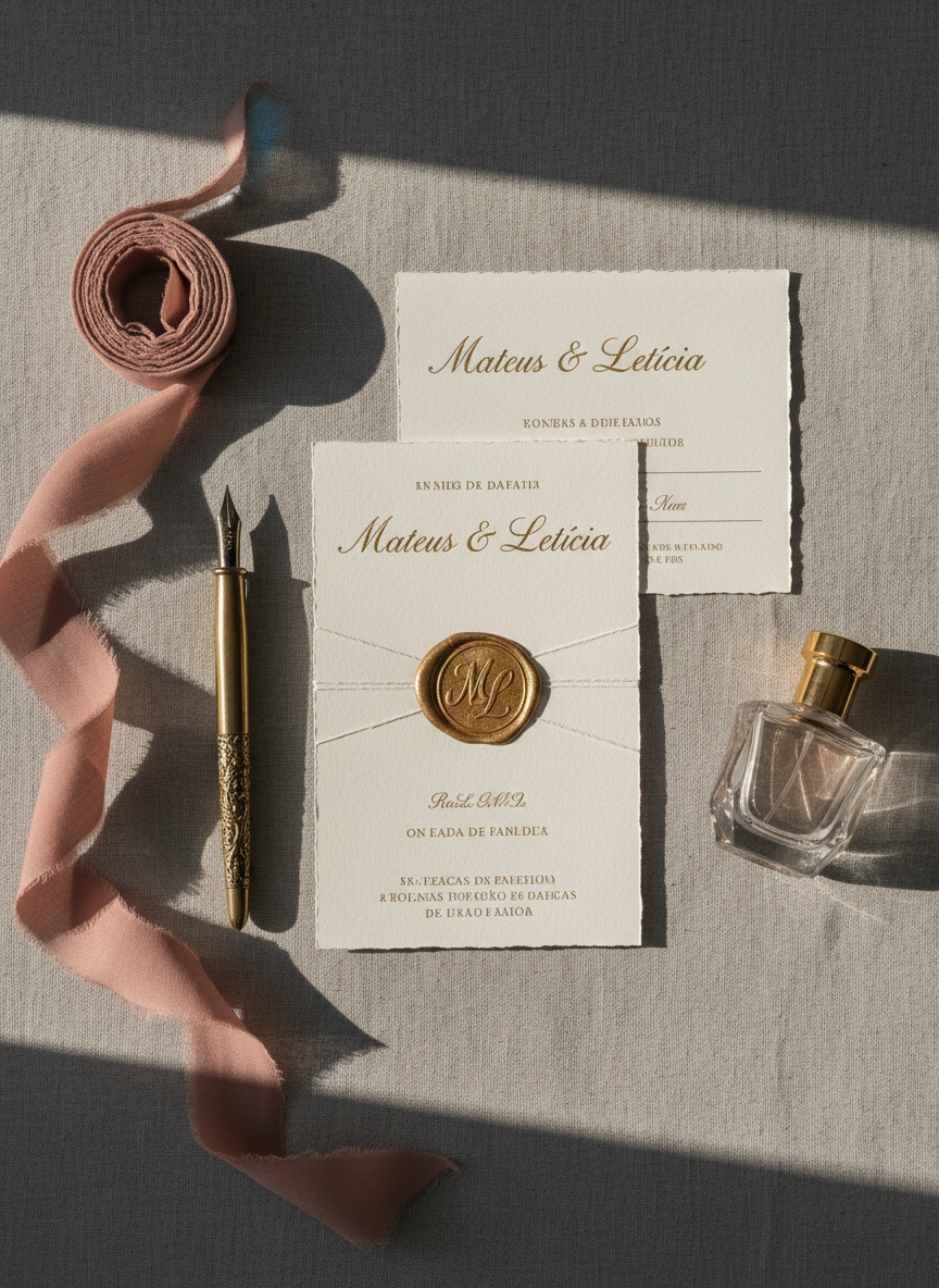A beautifully arranged flat lay of refined wedding stationery for Mateus and Letícia, featuring an embossed invitation suite in warm white cardstock with deckled edges, gold calligraphy, and a wax seal with an intricate monogram. Surrounding elements include a vintage brass pen, a silk ribbon in muted blush, and a small crystal perfume bottle. Positioned on a soft linen backdrop in dove gray, the composition is captured in photographic realism from directly above. Natural golden-hour light from one side creates subtle shadows and a delicate sheen on metallic details, evoking a sophisticated, timeless mood ideal for an upscale wedding celebration.
